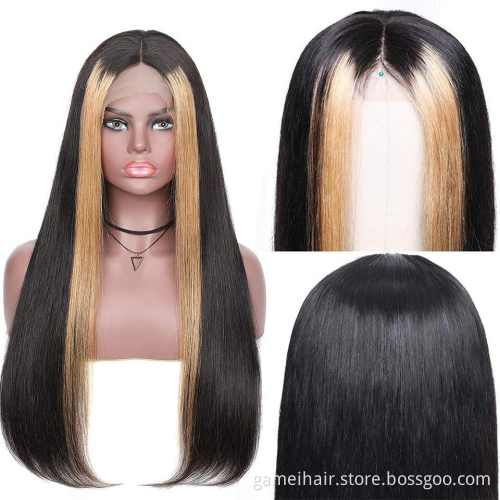 2021wholesale frontal custom wigs 100% human hair 13x4 Lace Front Wig Straight hair Honey Blonde Highlights Natural Hairline